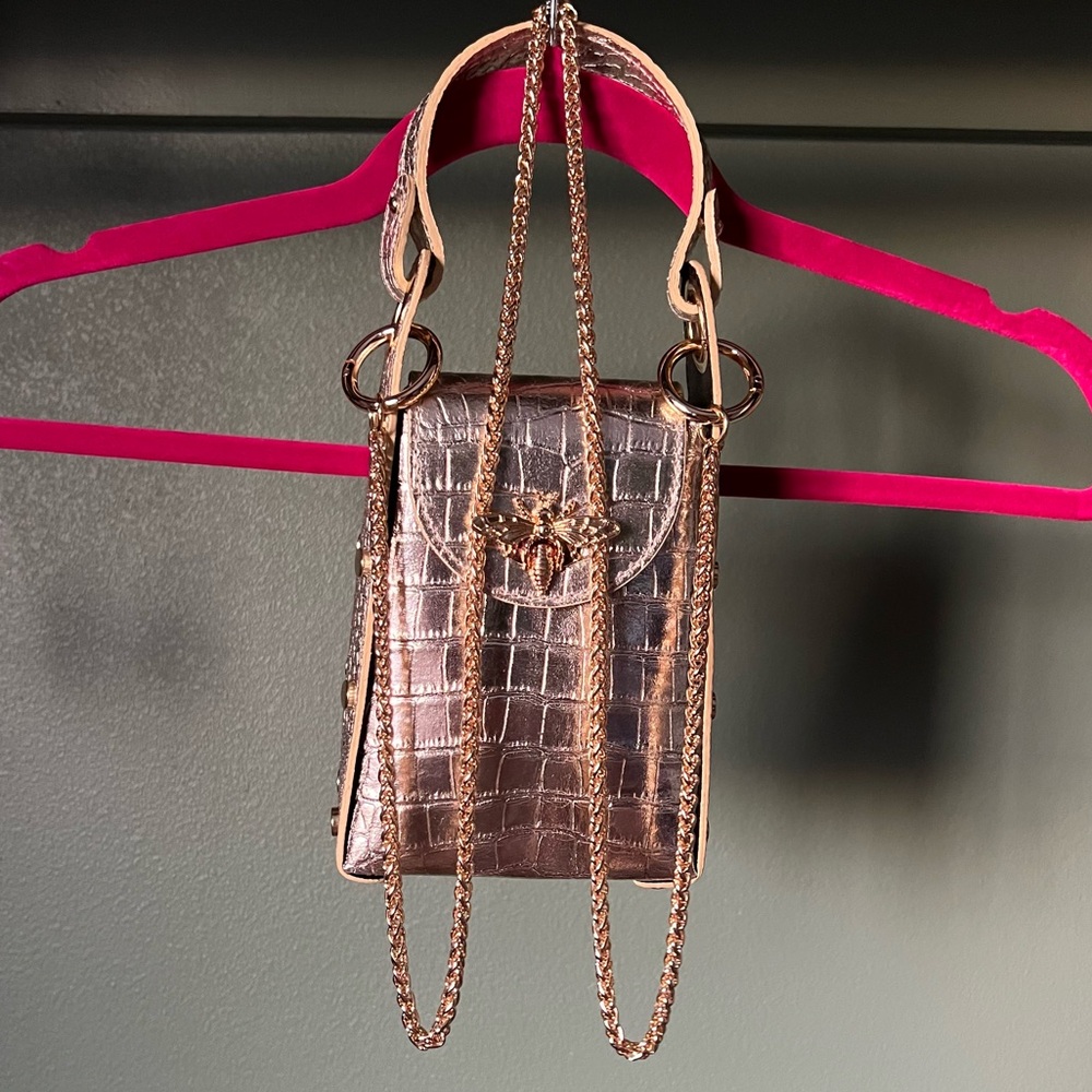 NWOT Persaman New York Anette Leather Silver Gold Croc-Embossed Crossbody Bag